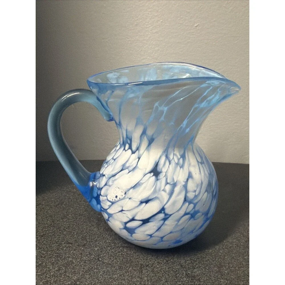 Vintage Art Glass Blue White Splatter Bud Vase Pitcher Cruet 5